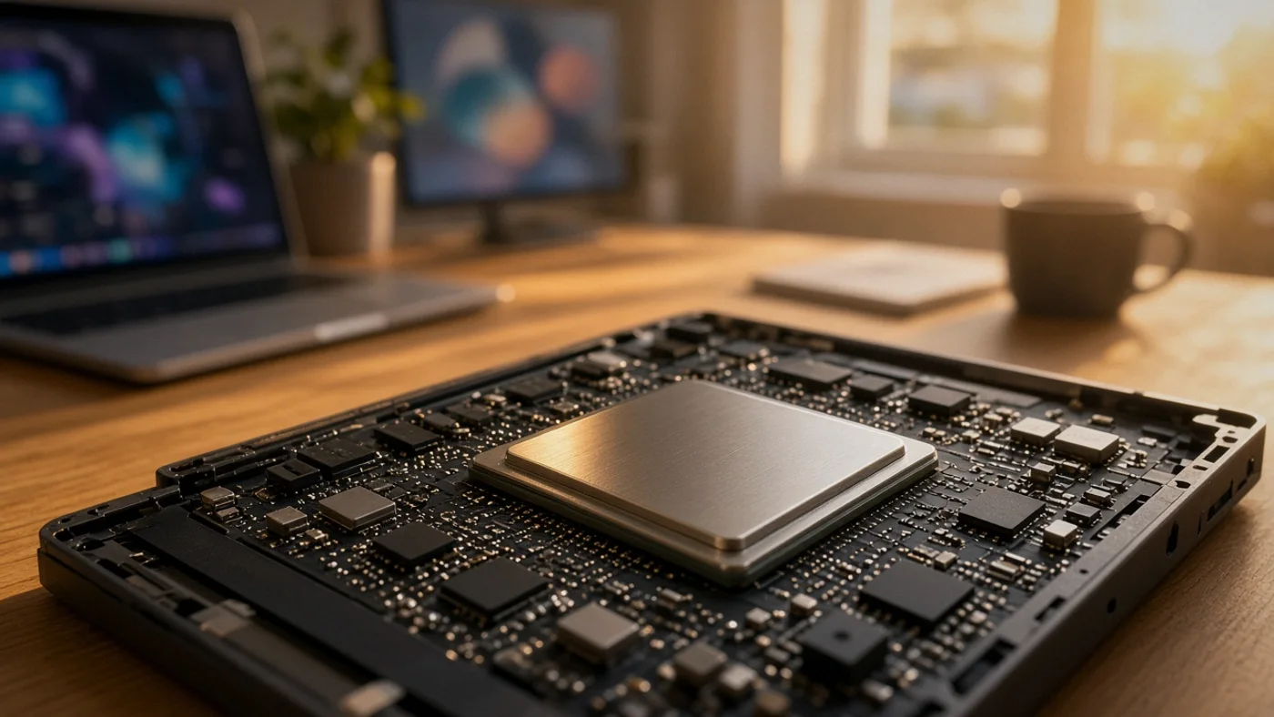 A processor chip on a circuit board, close up