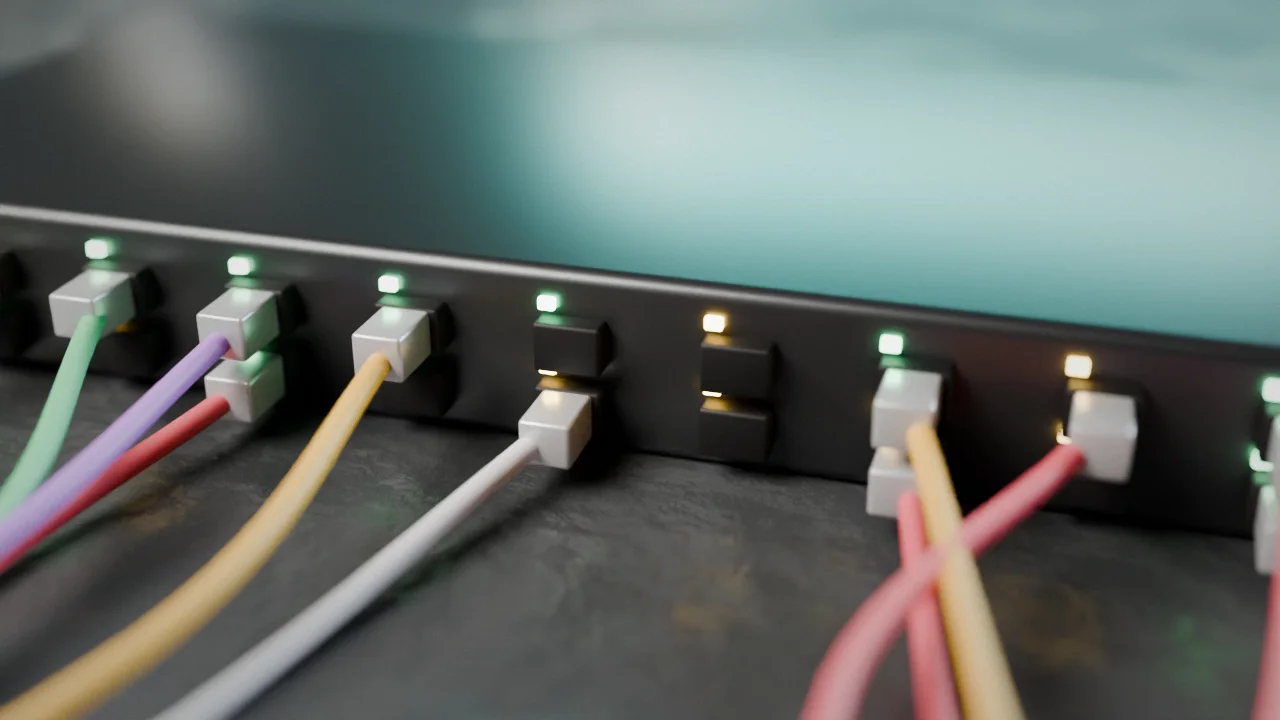 Network cables plugged neatly into a switch, representing controlled and evenly distributed data traffic.