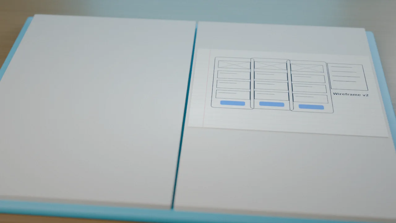 A notebook with wireframe sketches