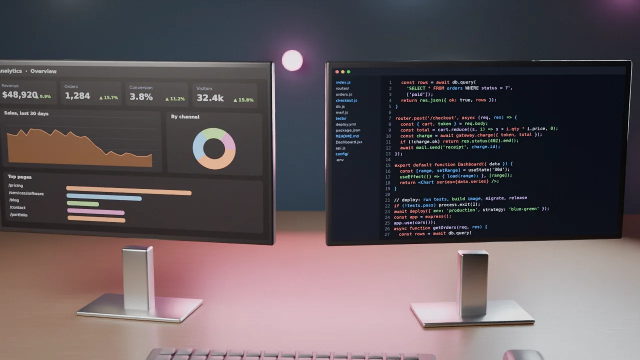 A two-monitor developer workstation