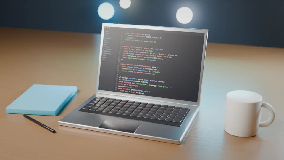 A laptop showing source code on a desk