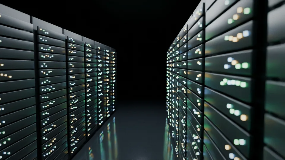 An aisle of server racks in a data centre