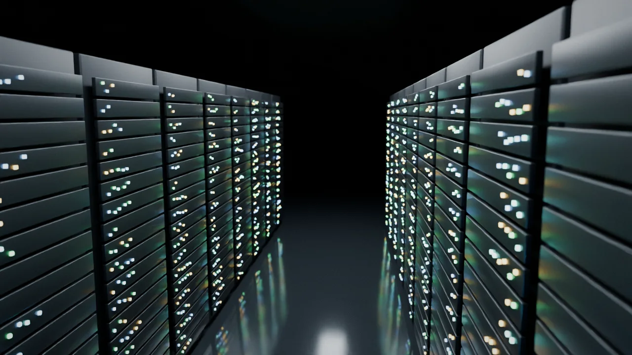 An aisle of server racks in a data centre