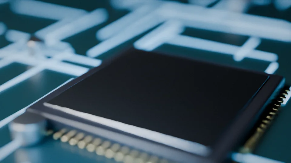 A processor chip on a glowing circuit board
