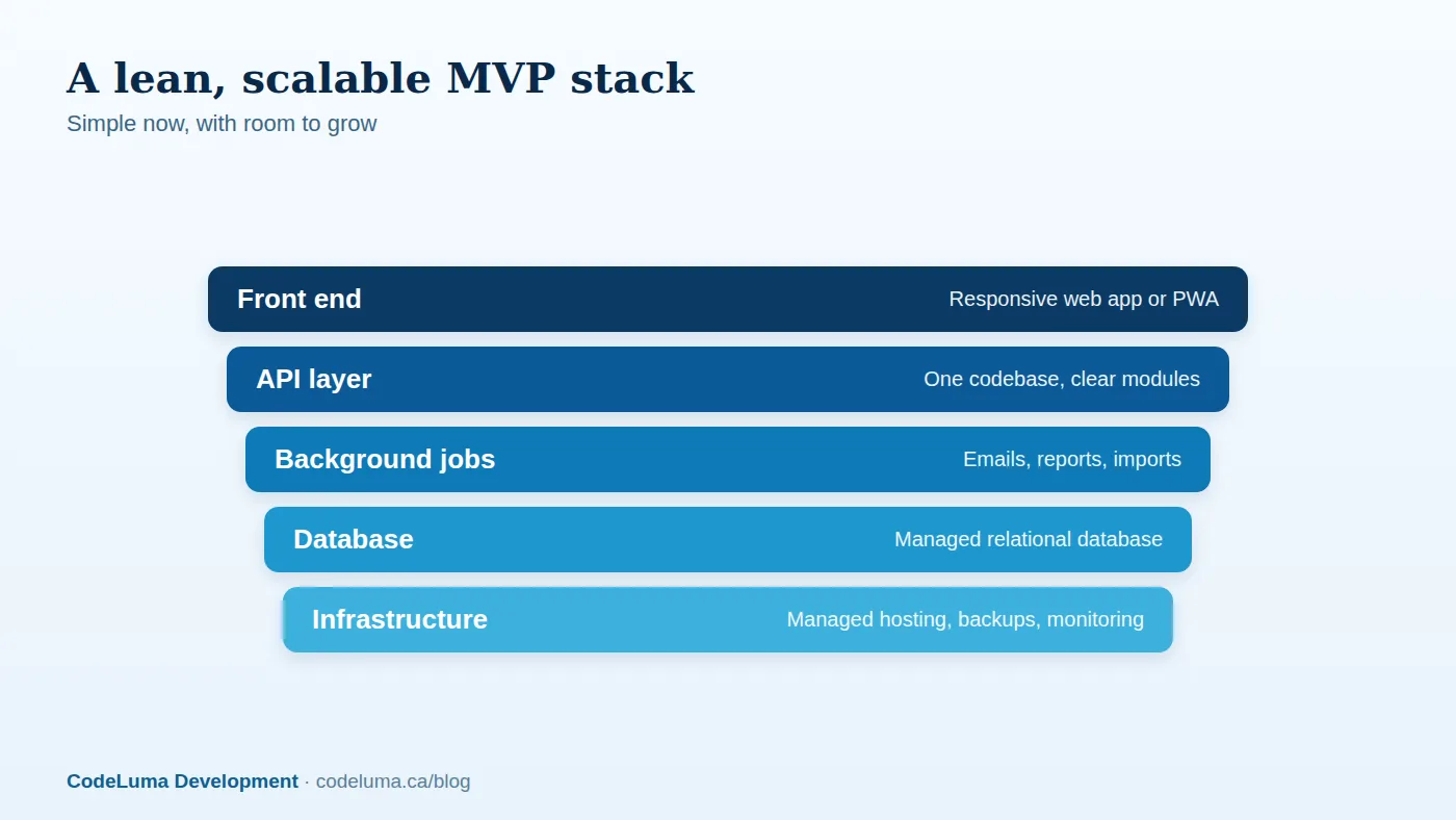 A lean MVP architecture: one deployable application with clear module boundaries and managed infrastructure.