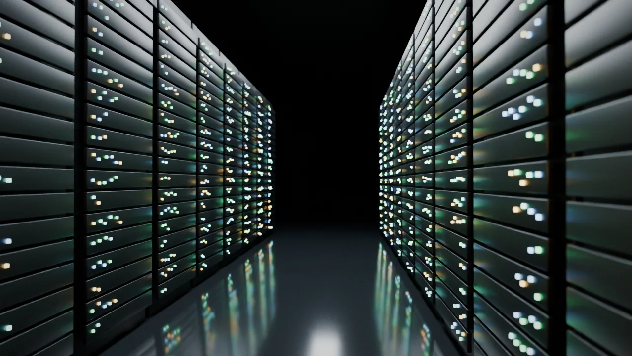 An aisle of server racks in a data centre