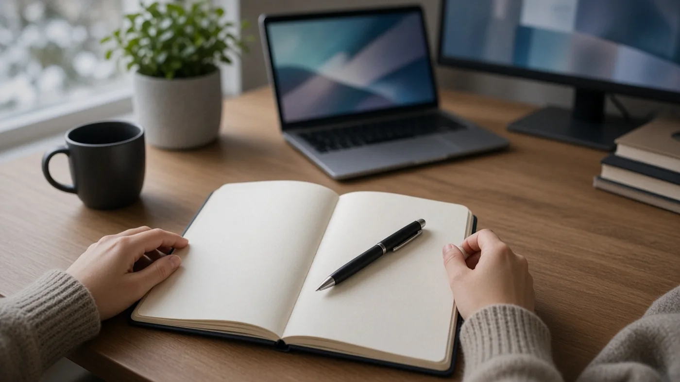An open notebook and pen