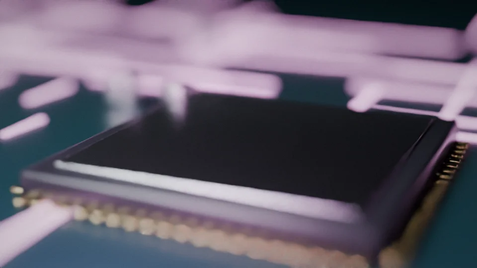A processor chip on a glowing circuit board