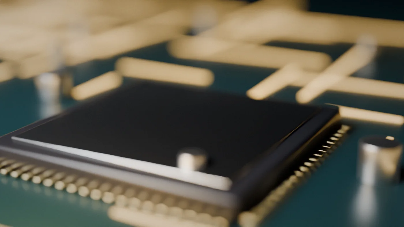 A processor chip on a circuit board, close up