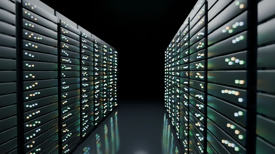 An aisle of server racks in a data centre