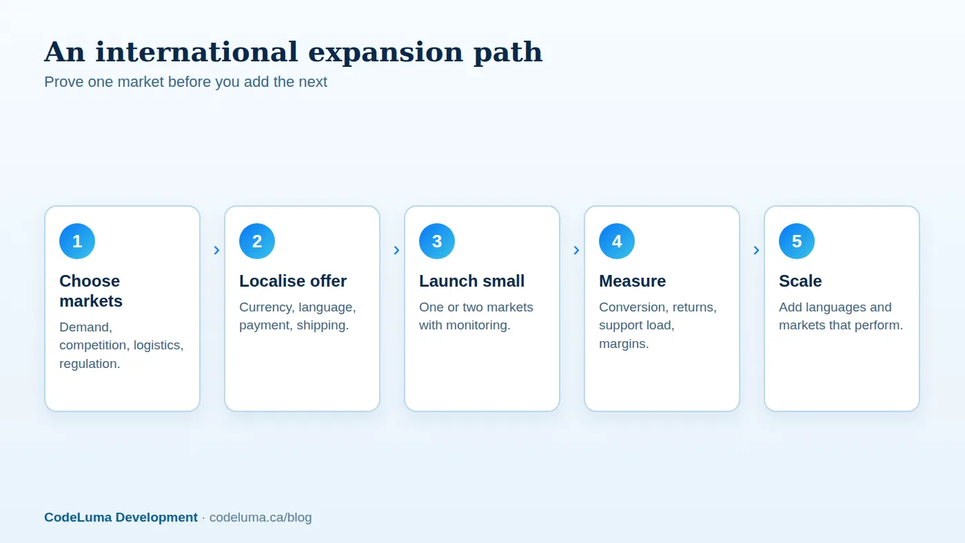 A staged path reduces the risk of expanding to many markets at once.