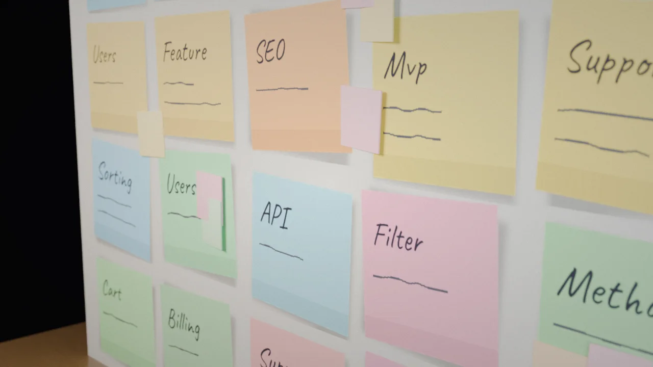 A simple illustration of sticky notes sorted into must-have and later columns on a wall.