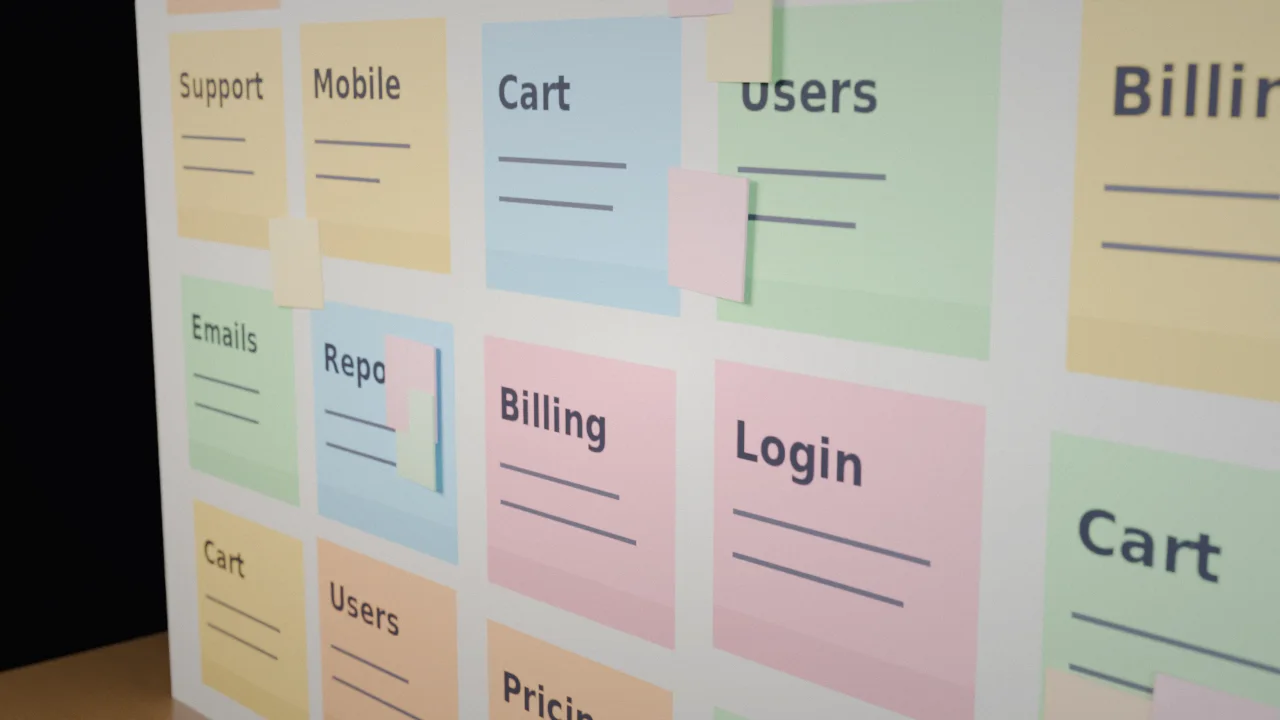 A simple illustration of sticky notes on a wall being sorted into two columns labeled must-have and later.