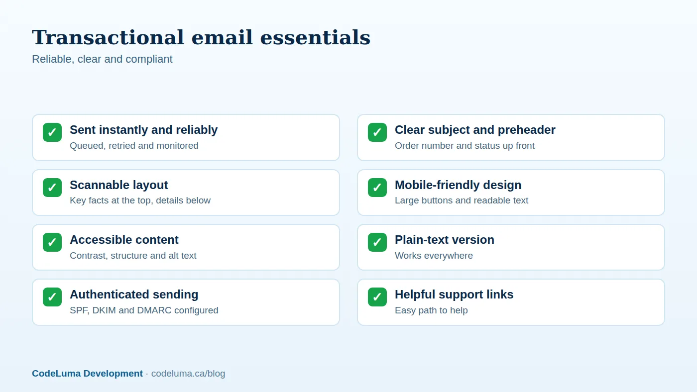 Transactional emails should be fast, clear, accessible and properly authenticated.