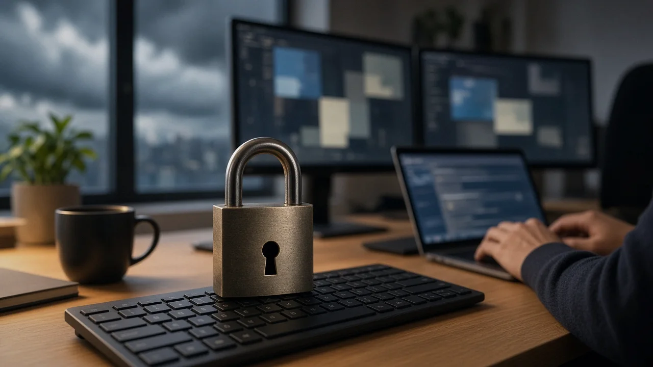 A simple illustration of a padlock resting on a checklist page beside a small website window and a database icon.