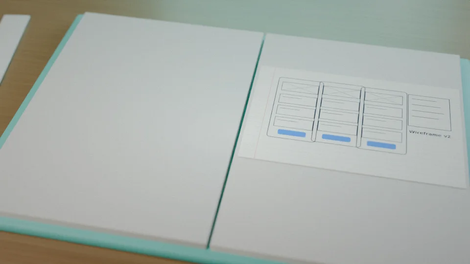 A notebook with wireframe sketches