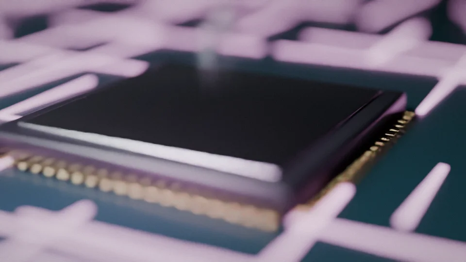 A processor chip on a glowing circuit board