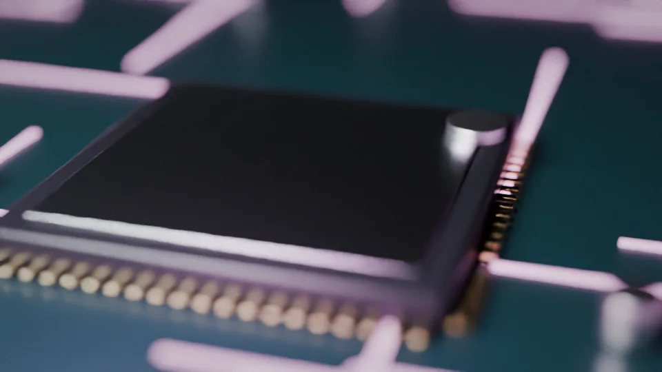 A processor chip on a glowing circuit board