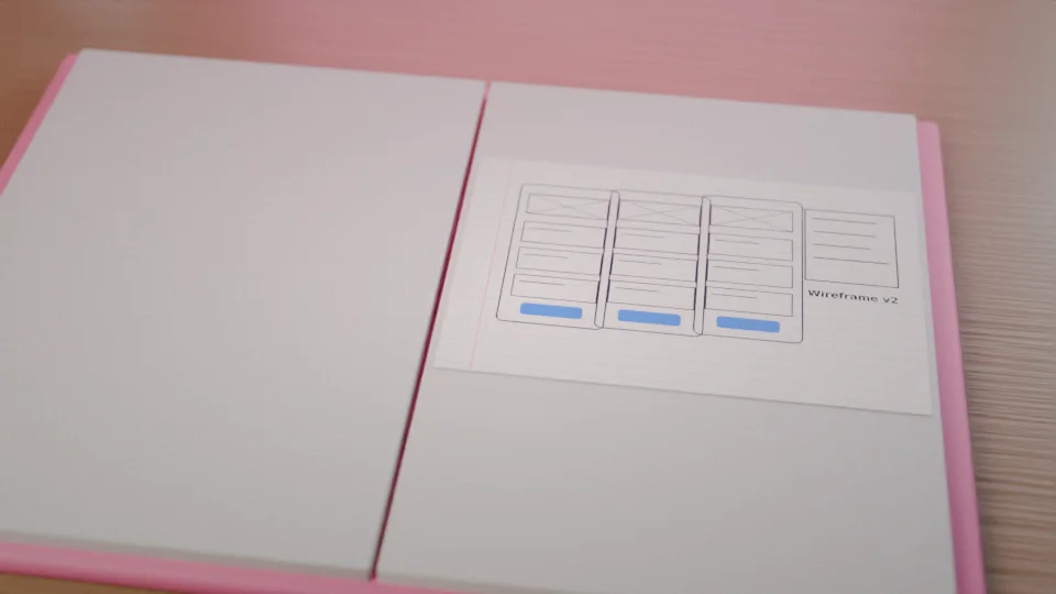 A notebook with wireframe sketches