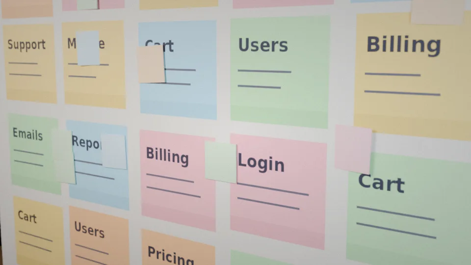 A wall of sticky notes used for planning