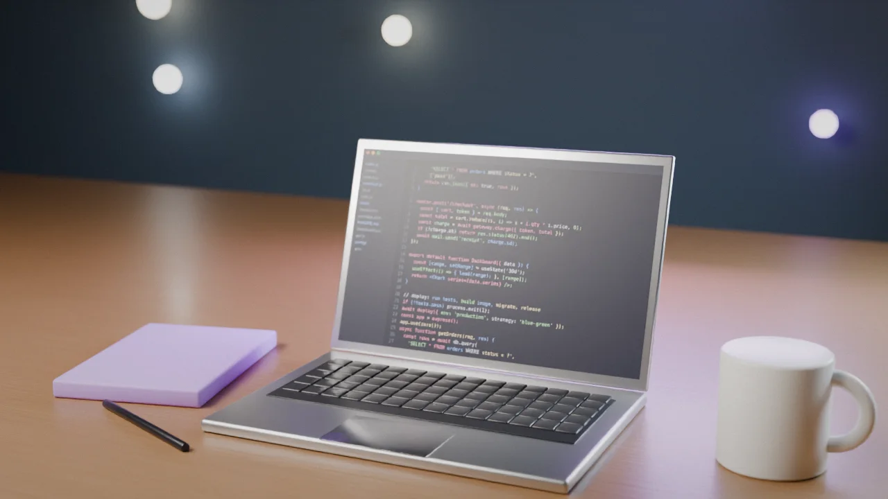 A laptop showing source code on a desk