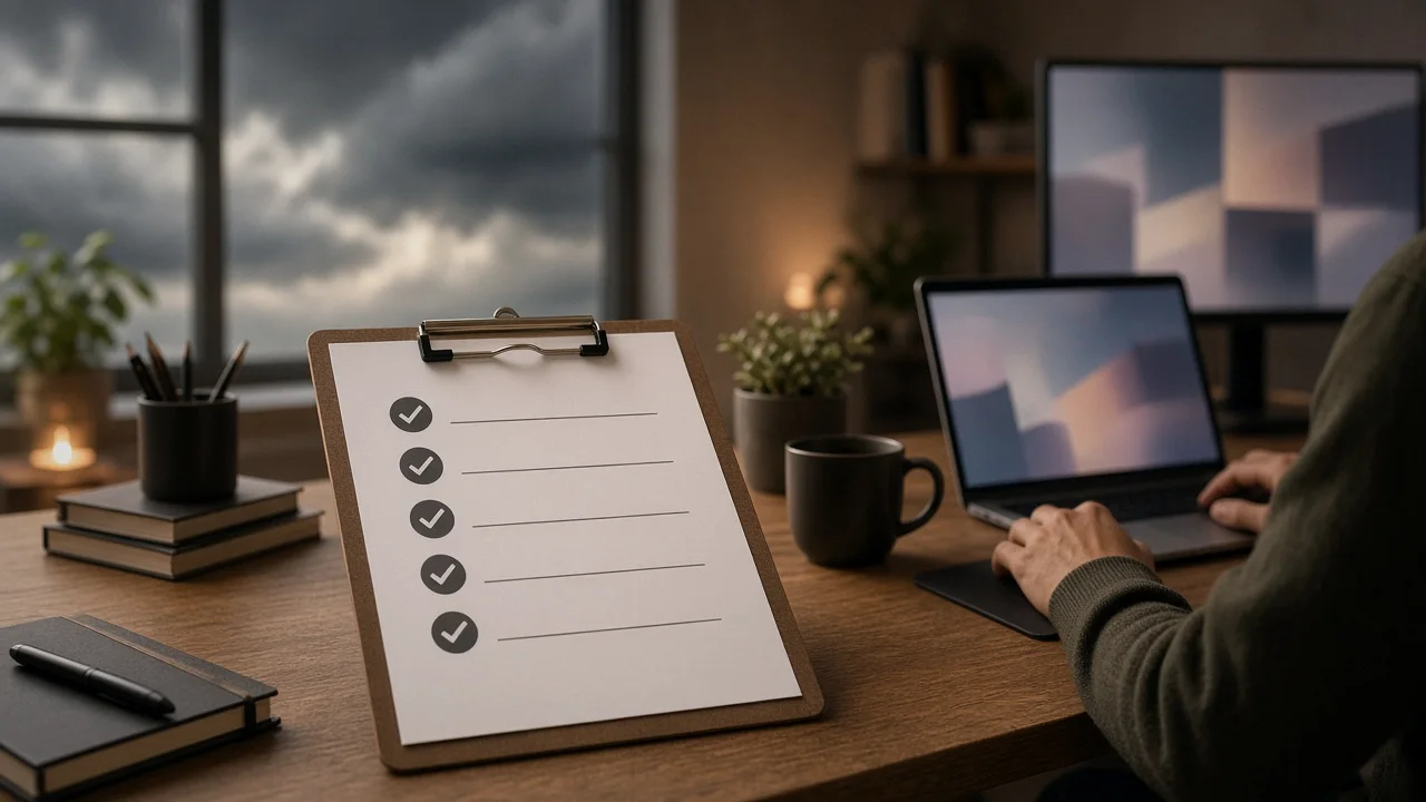 A single sheet of paper with five labeled sections pinned to a clipboard, next to an open laptop.