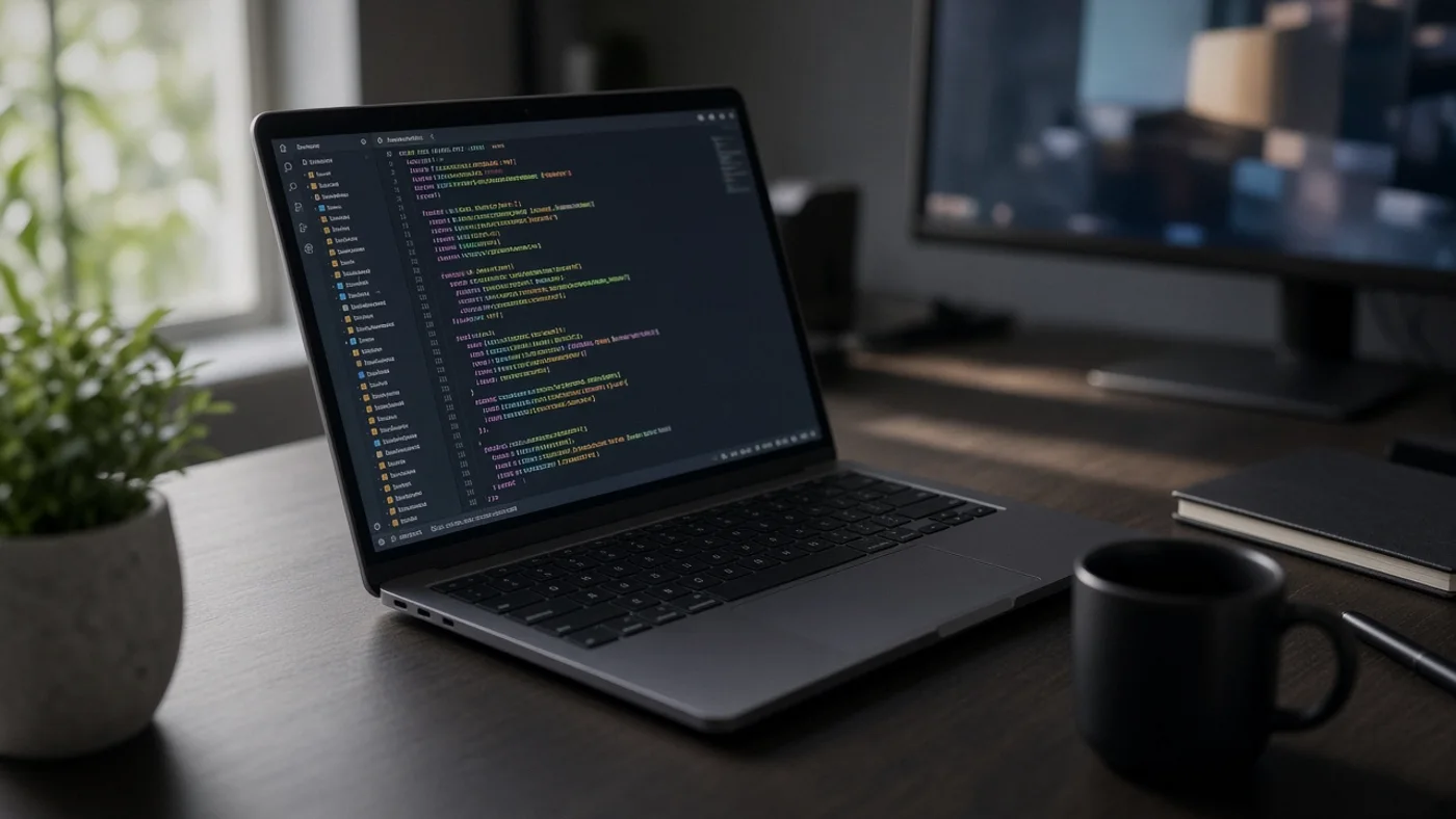 A laptop showing source code on a desk