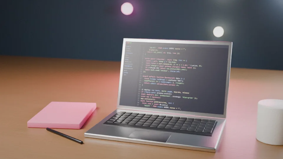 A laptop showing source code on a desk