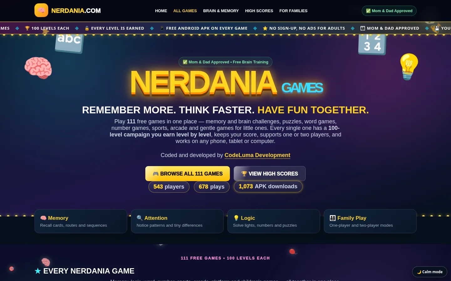 Nerdania.com home page showing 100-level free games, high scores and Mom and Dad approved branding