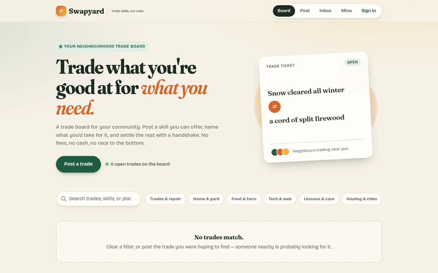 SwapYard.ca home page: trade what you're good at for what you need, with a trade ticket and category filters