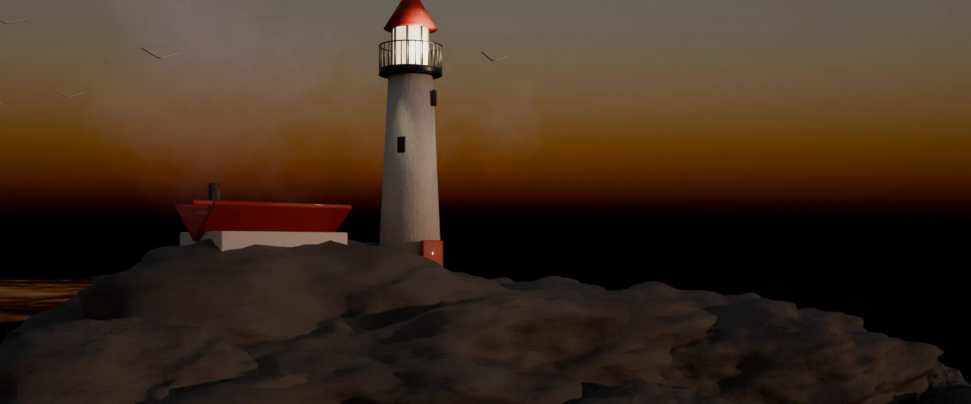 A Nova Scotia lighthouse on a rocky coast at sunrise