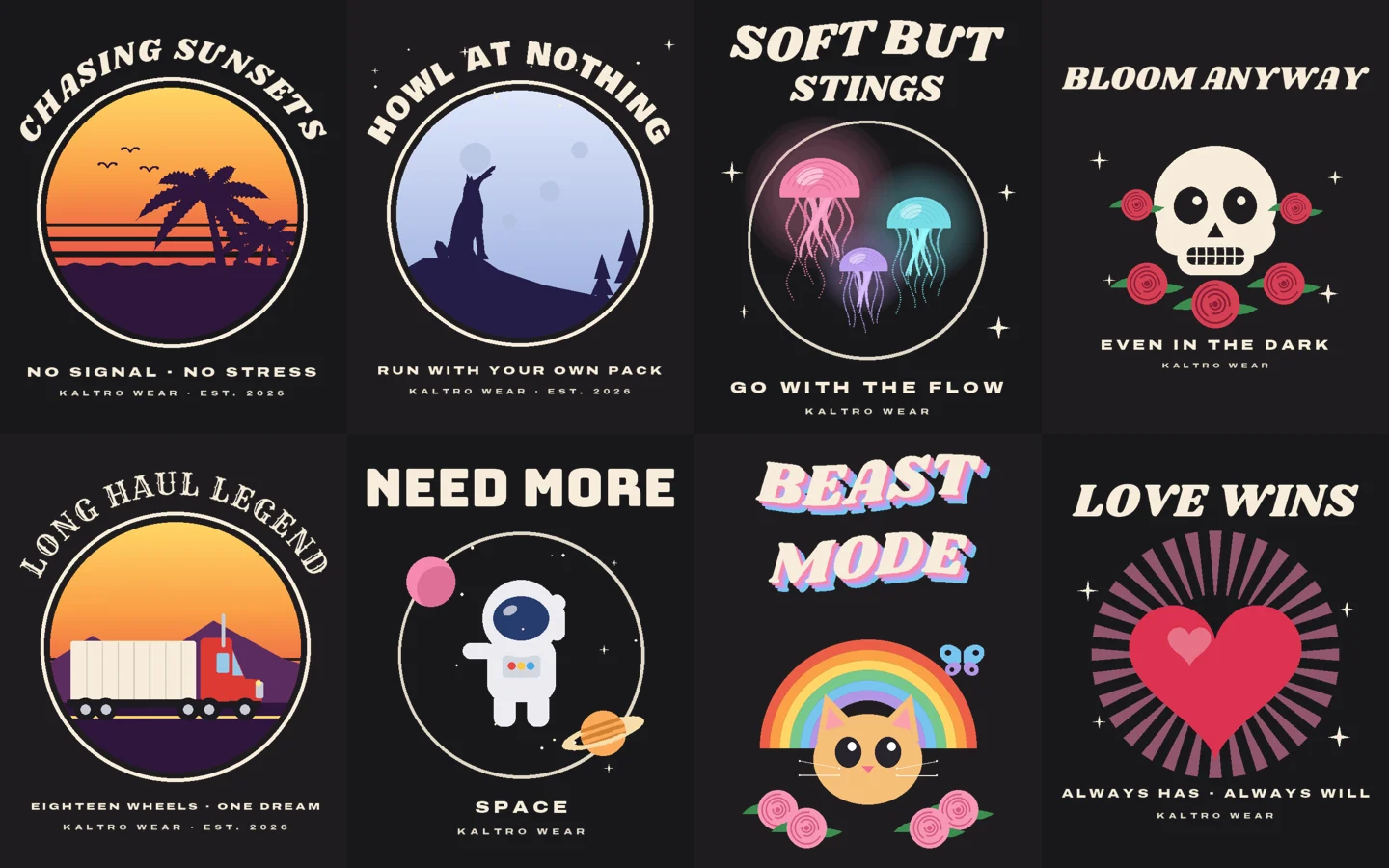 A selection of original Kaltro Wear illustrated designs