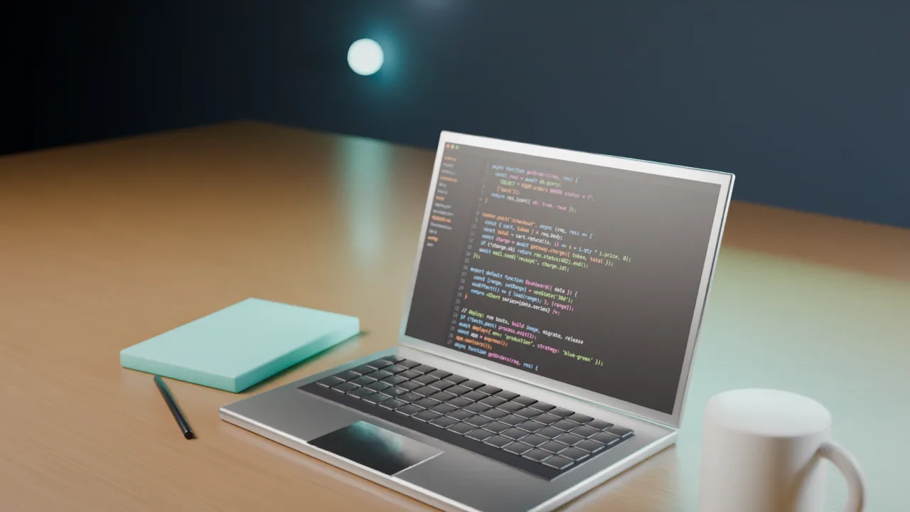 Laptop displaying source code on a developer's desk