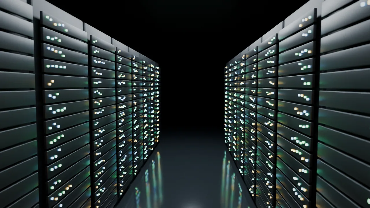 Rows of illuminated server racks representing the infrastructure behind a professional website